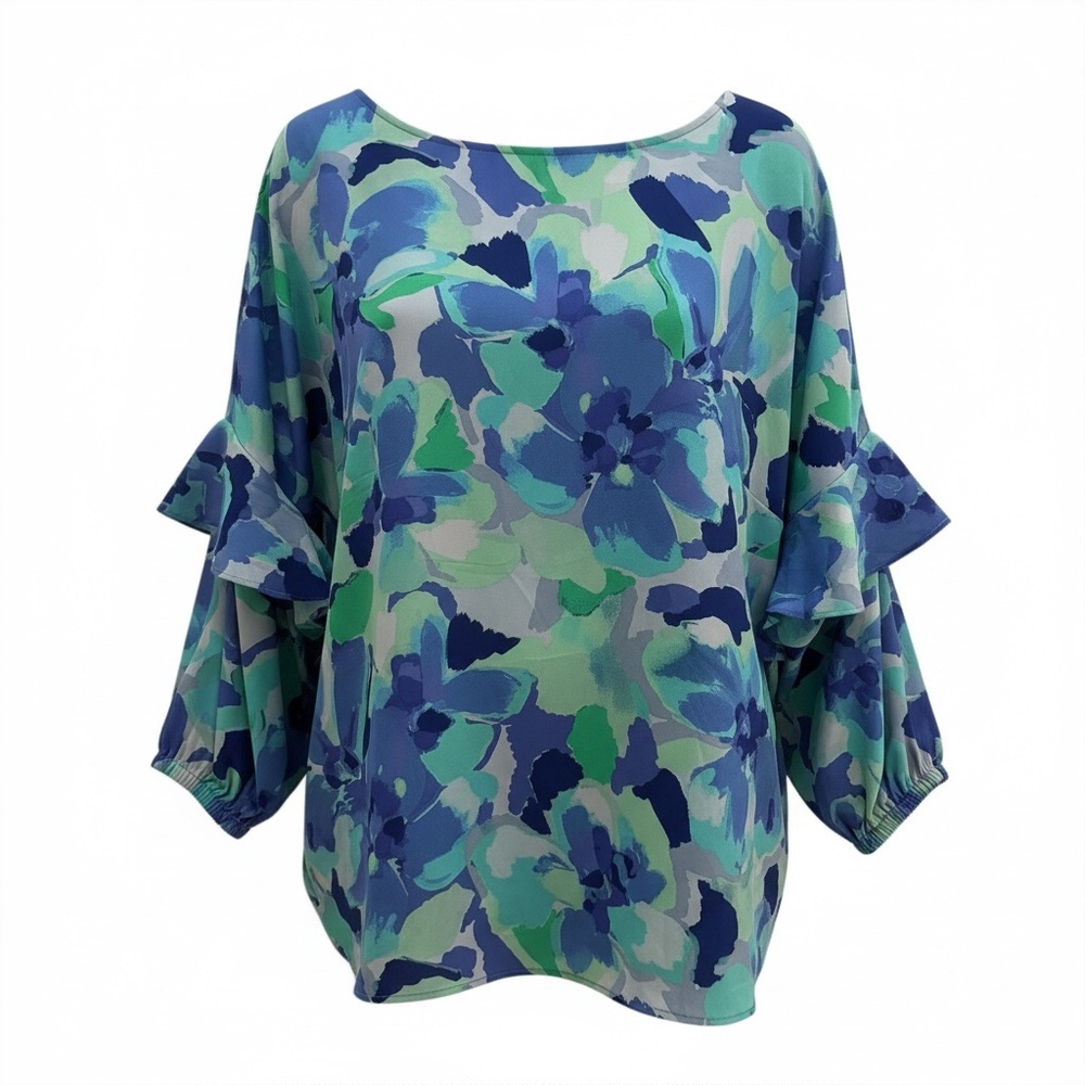 NWT Slim factor by investments women’s blue green floral pull over blouse 2X